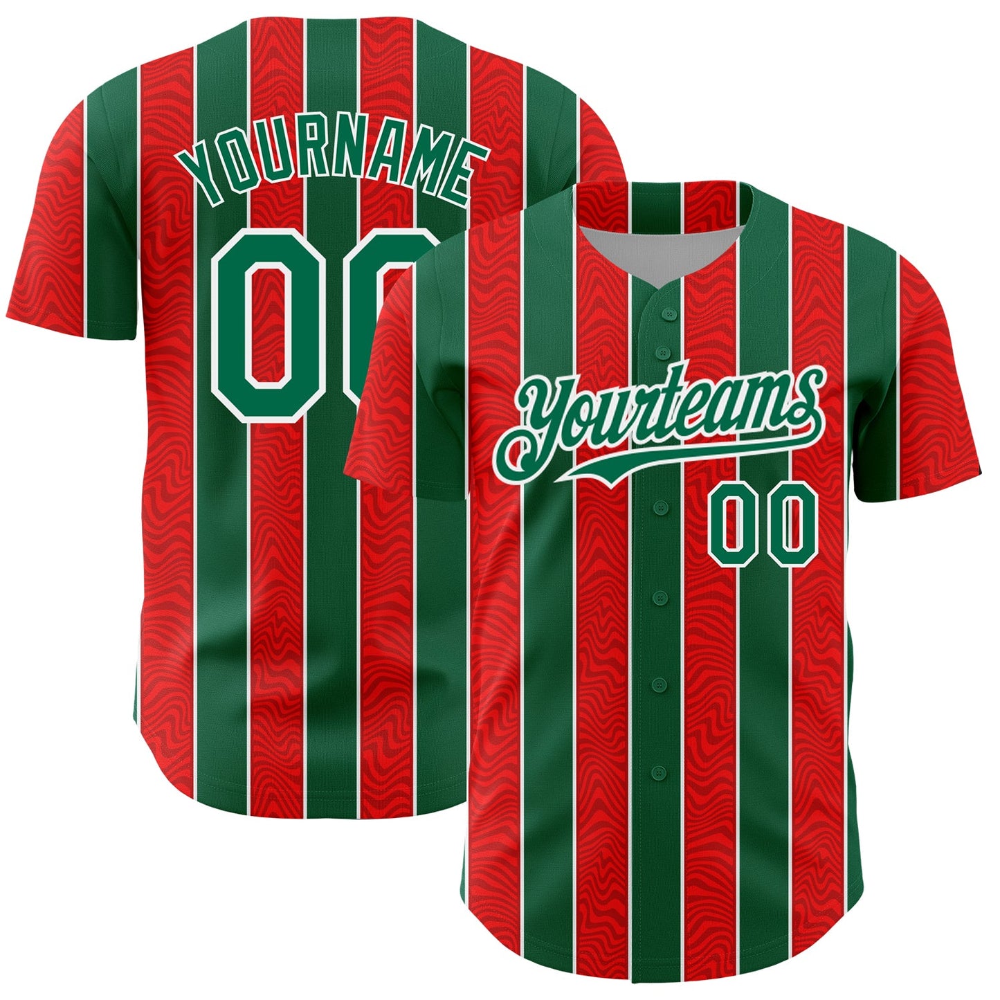 Custom Red Kelly Green-White 3D Pattern Design Stripe Authentic Baseball Jersey - Main View