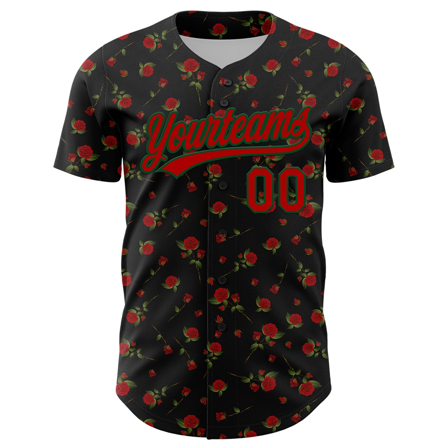 Custom Black Red-Green 3D Pattern Design Gothic Style Rose Authentic Baseball Jersey view 2