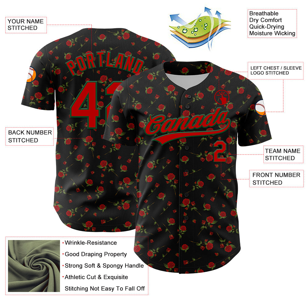 Custom Black Red-Green 3D Pattern Design Gothic Style Rose Authentic Baseball Jersey view 3