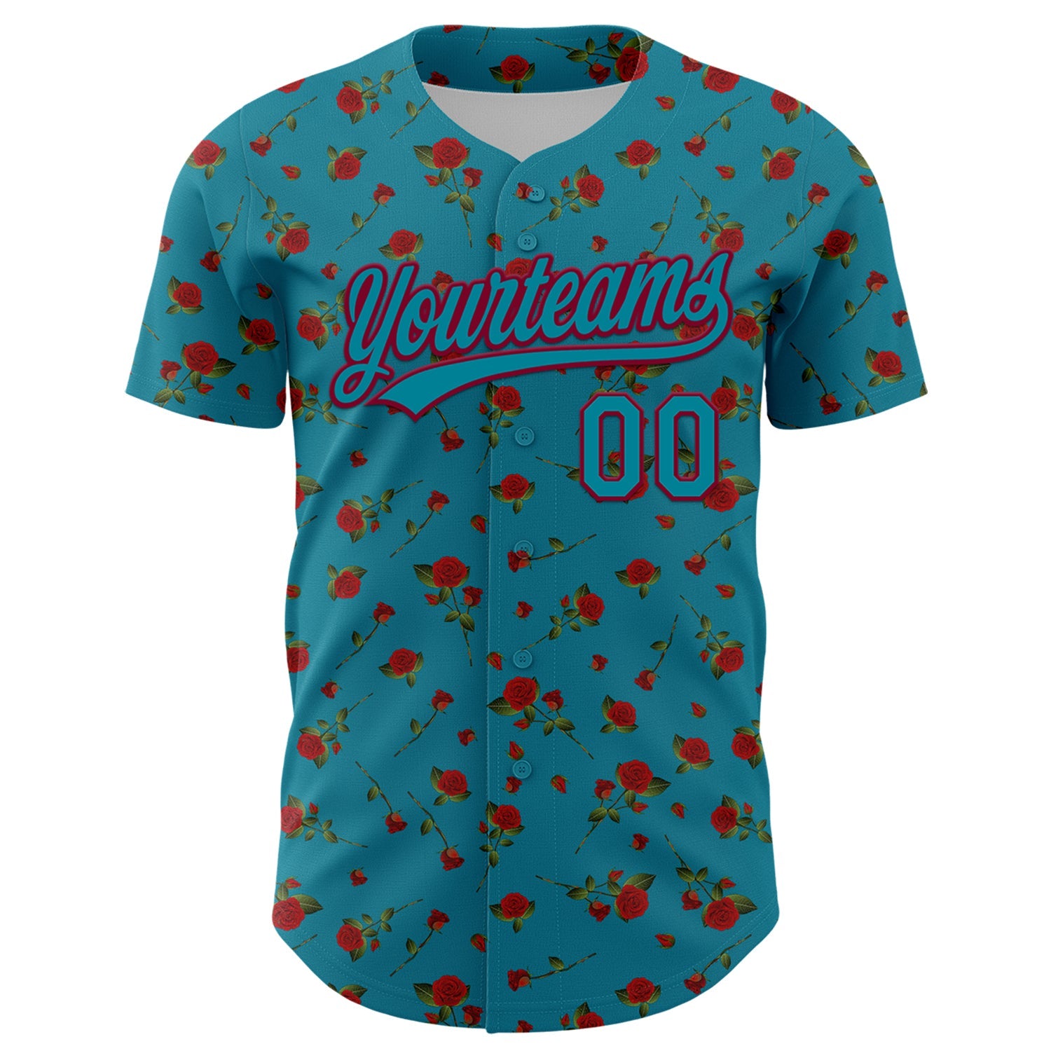 Custom Teal Maroon 3D Pattern Design Gothic Style Rose Authentic Baseball Jersey view 2