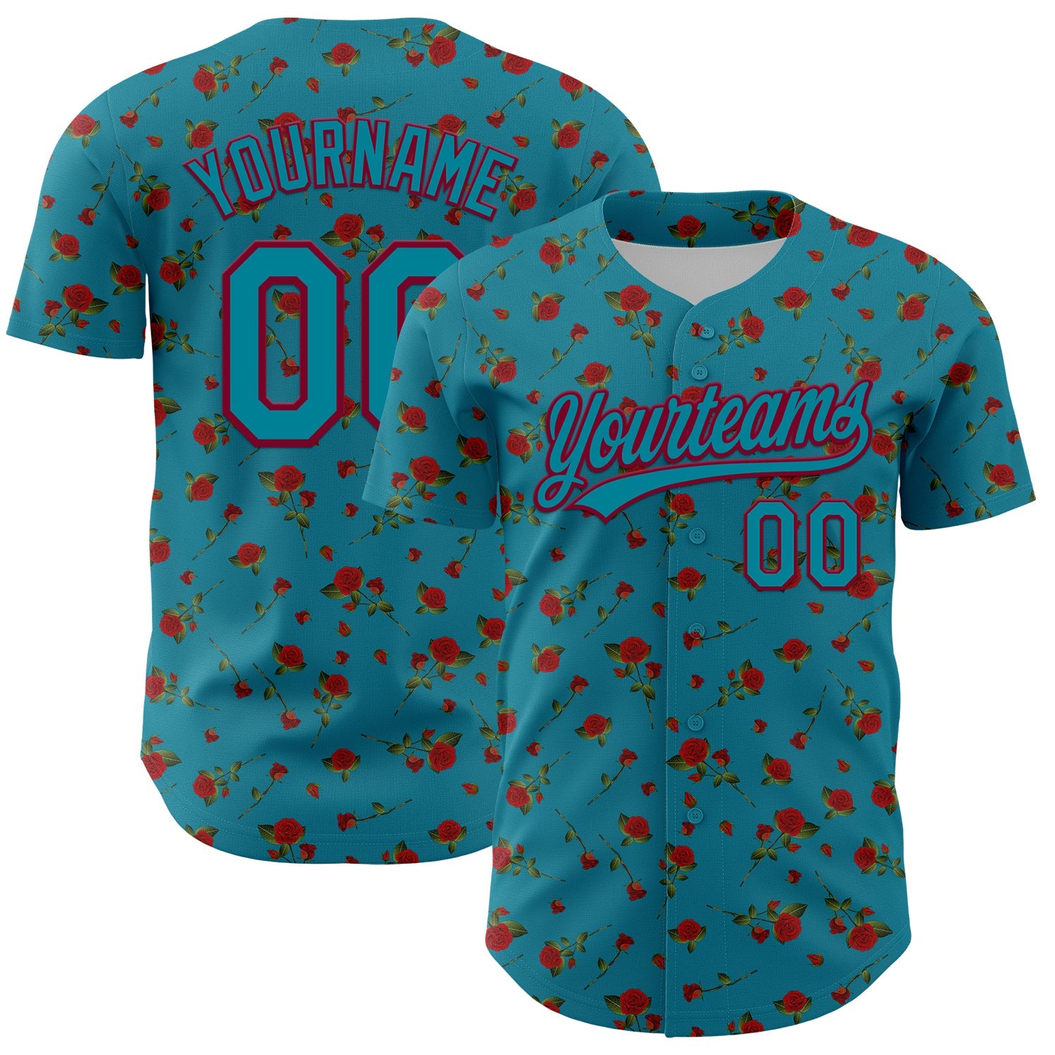 Custom Teal Maroon 3D Pattern Design Gothic Style Rose Authentic Baseball Jersey - Main View