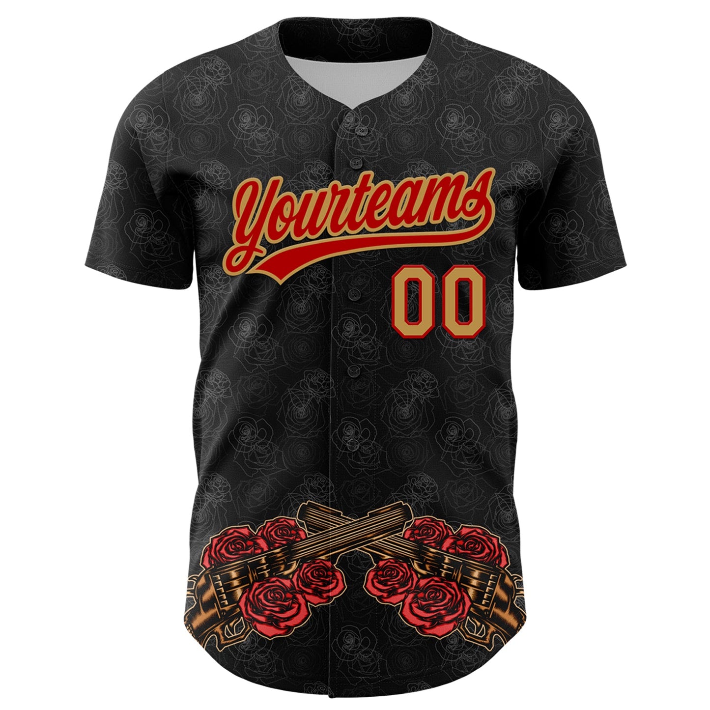Custom Black Old Gold-Red 3D Pattern Design Gothic Style Gun With Rose Authentic Baseball Jersey view 2
