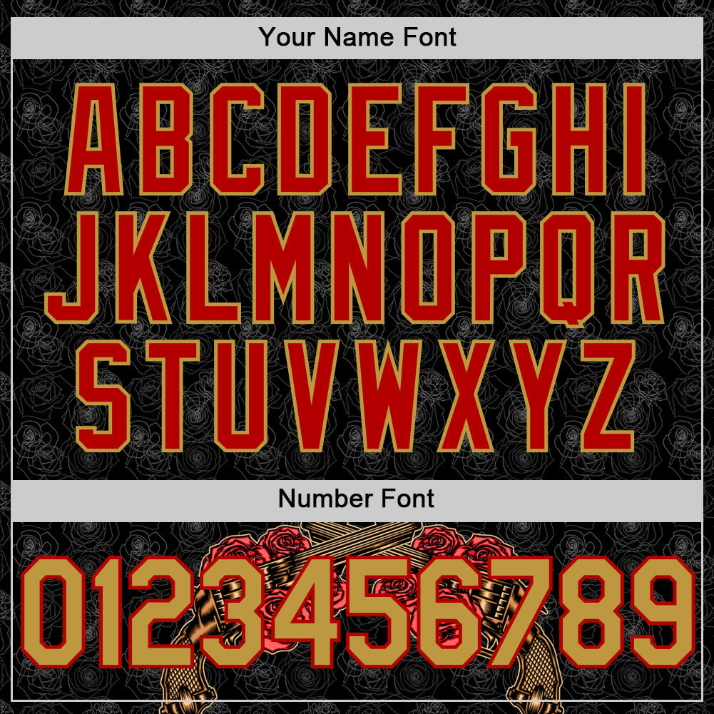 Custom Black Old Gold-Red 3D Pattern Design Gothic Style Gun With Rose Authentic Baseball Jersey view 5