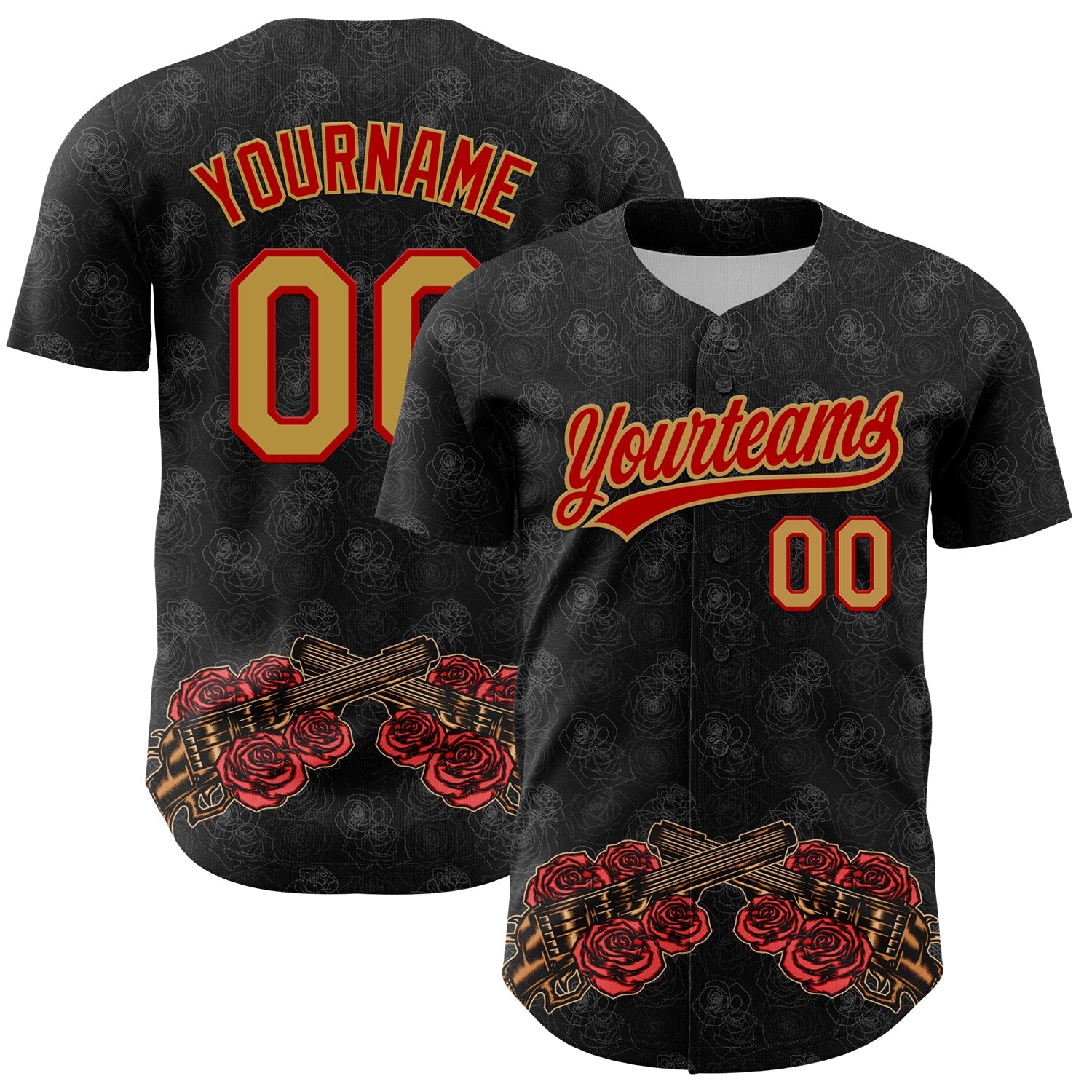 Custom Black Old Gold-Red 3D Pattern Design Gothic Style Gun With Rose Authentic Baseball Jersey - Main View