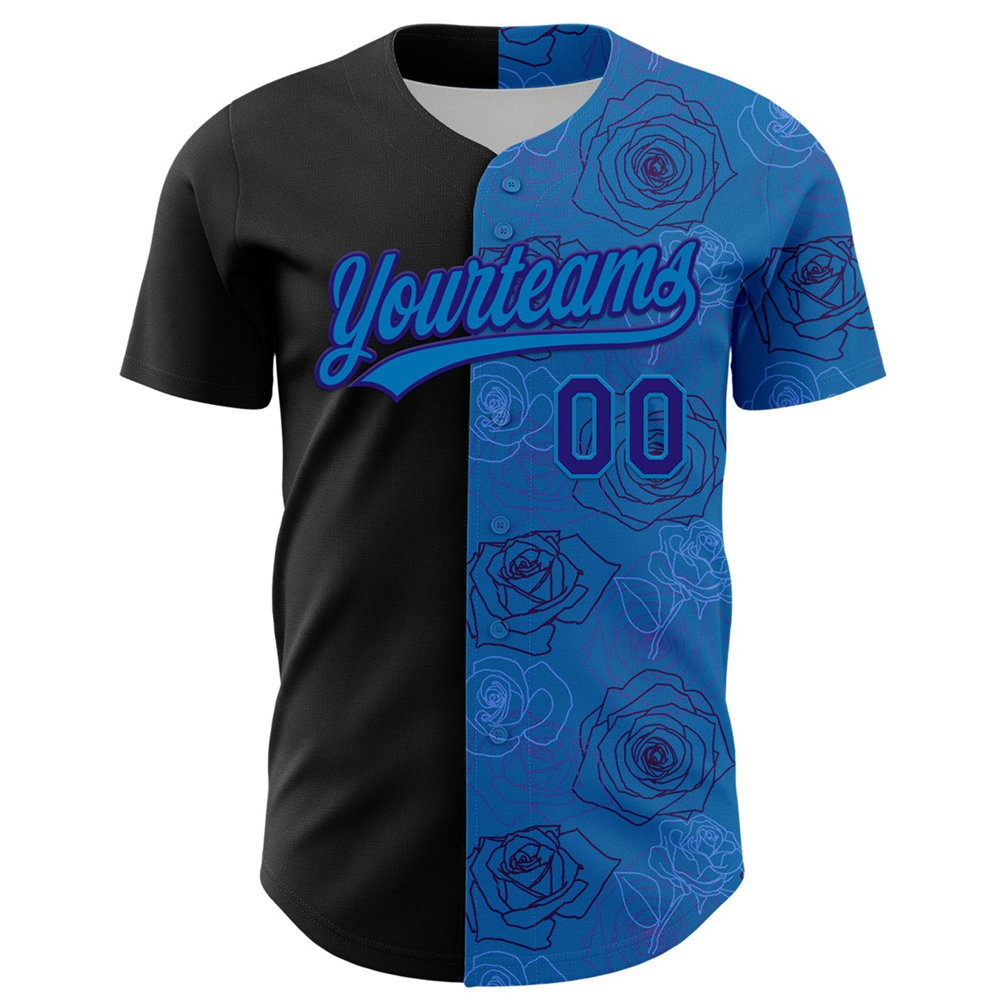 Custom Blue Dark Purple-Black 3D Pattern Design Gothic Style Rose Authentic Baseball Jersey view 2
