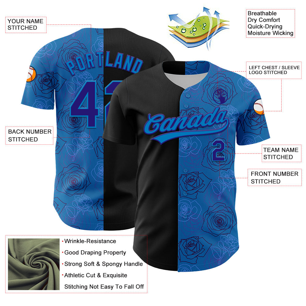 Custom Blue Dark Purple-Black 3D Pattern Design Gothic Style Rose Authentic Baseball Jersey view 3