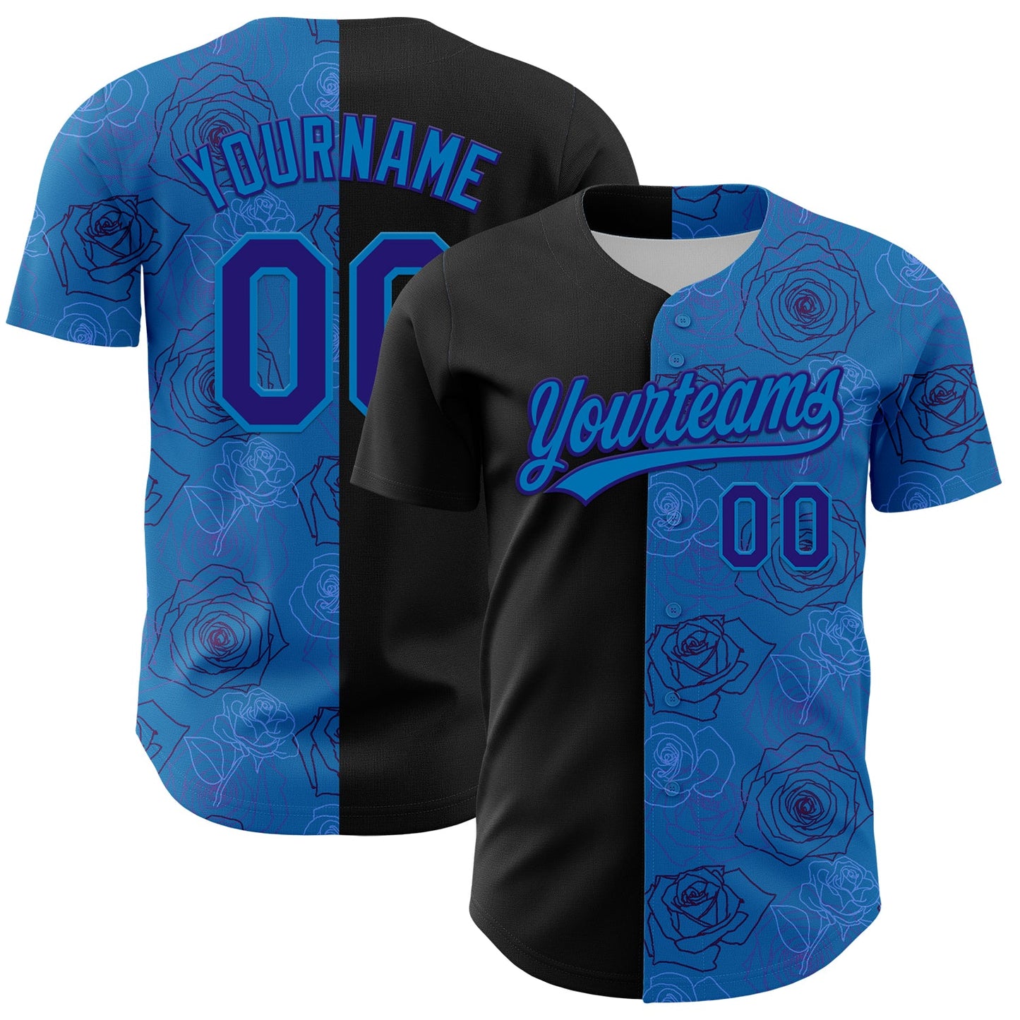 Custom Blue Dark Purple-Black 3D Pattern Design Gothic Style Rose Authentic Baseball Jersey - Main View