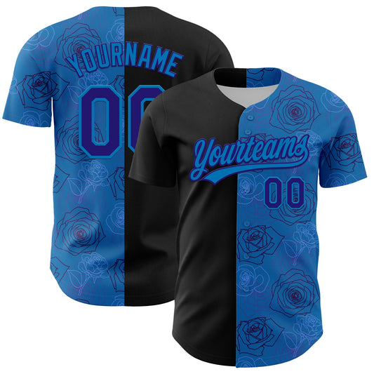 Custom Blue Dark Purple-Black 3D Pattern Design Gothic Style Rose Authentic Baseball Jersey - Main View