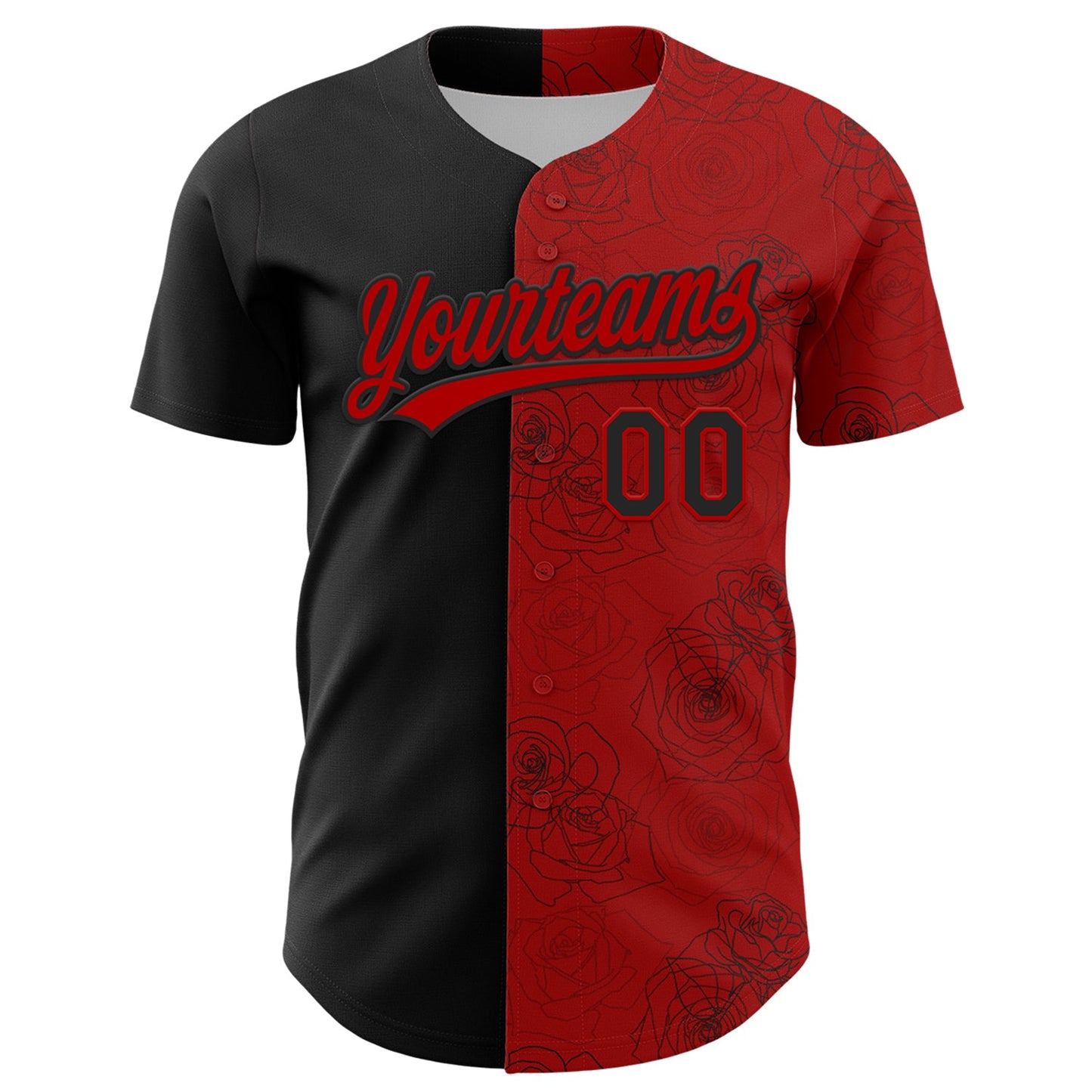 Custom Red Black 3D Pattern Design Gothic Style Rose Authentic Baseball Jersey view 2