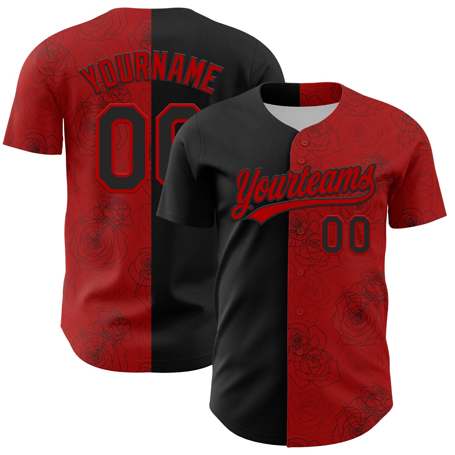 Custom Red Black 3D Pattern Design Gothic Style Rose Authentic Baseball Jersey - Main View
