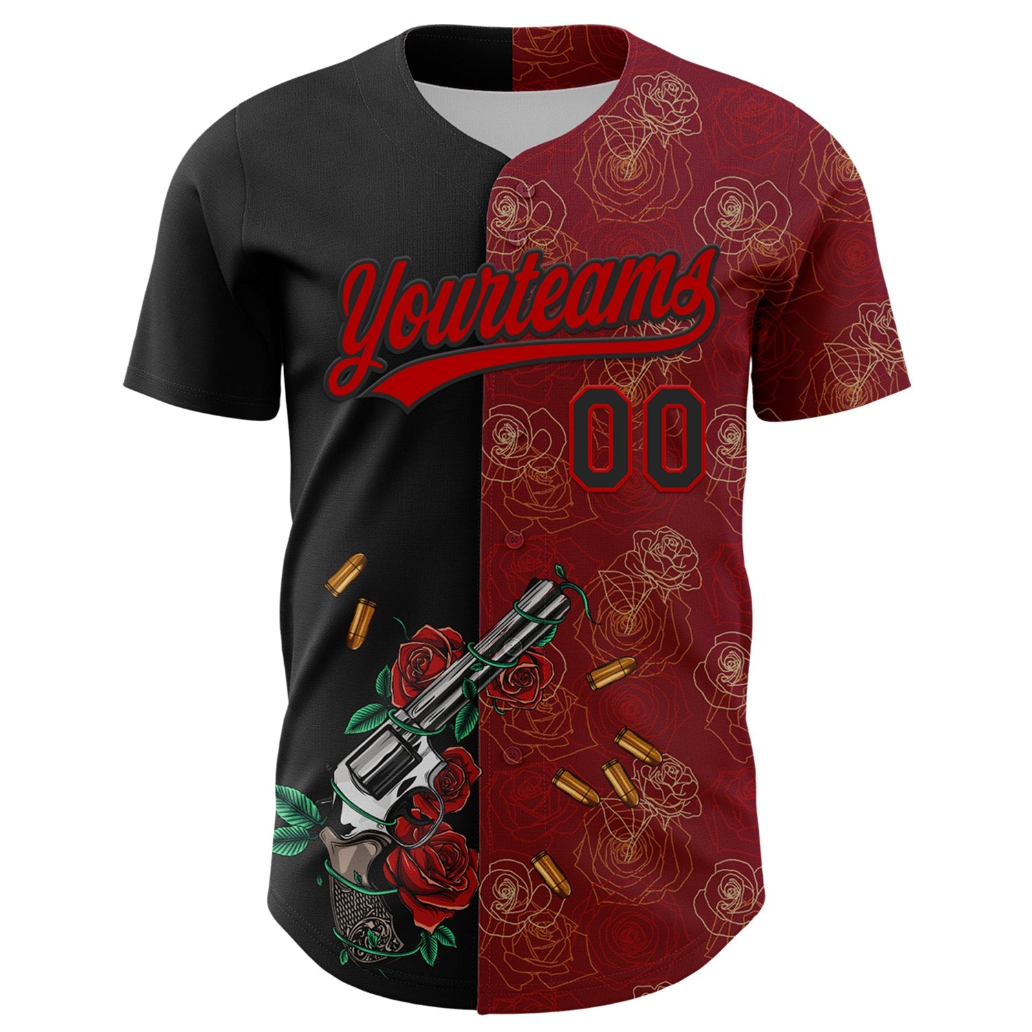 Custom Crimson Black-Red 3D Pattern Design Gothic Style Gun With Rose Authentic Baseball Jersey view 2