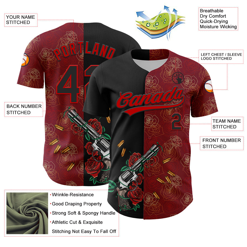 Custom Crimson Black-Red 3D Pattern Design Gothic Style Gun With Rose Authentic Baseball Jersey view 3