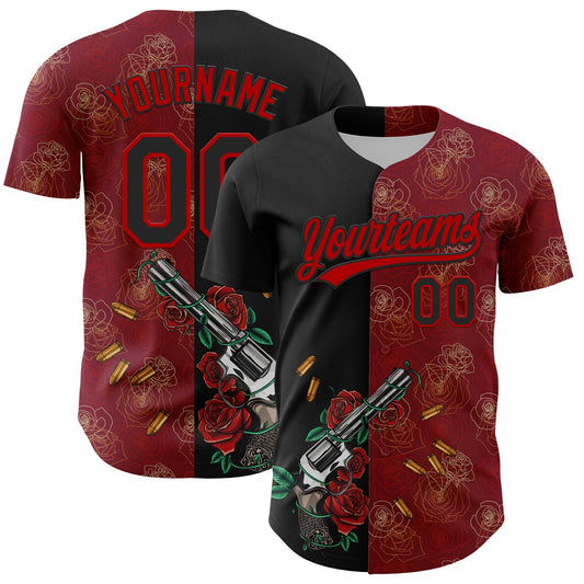 Custom Crimson Black-Red 3D Pattern Design Gothic Style Gun With Rose Authentic Baseball Jersey - Main View