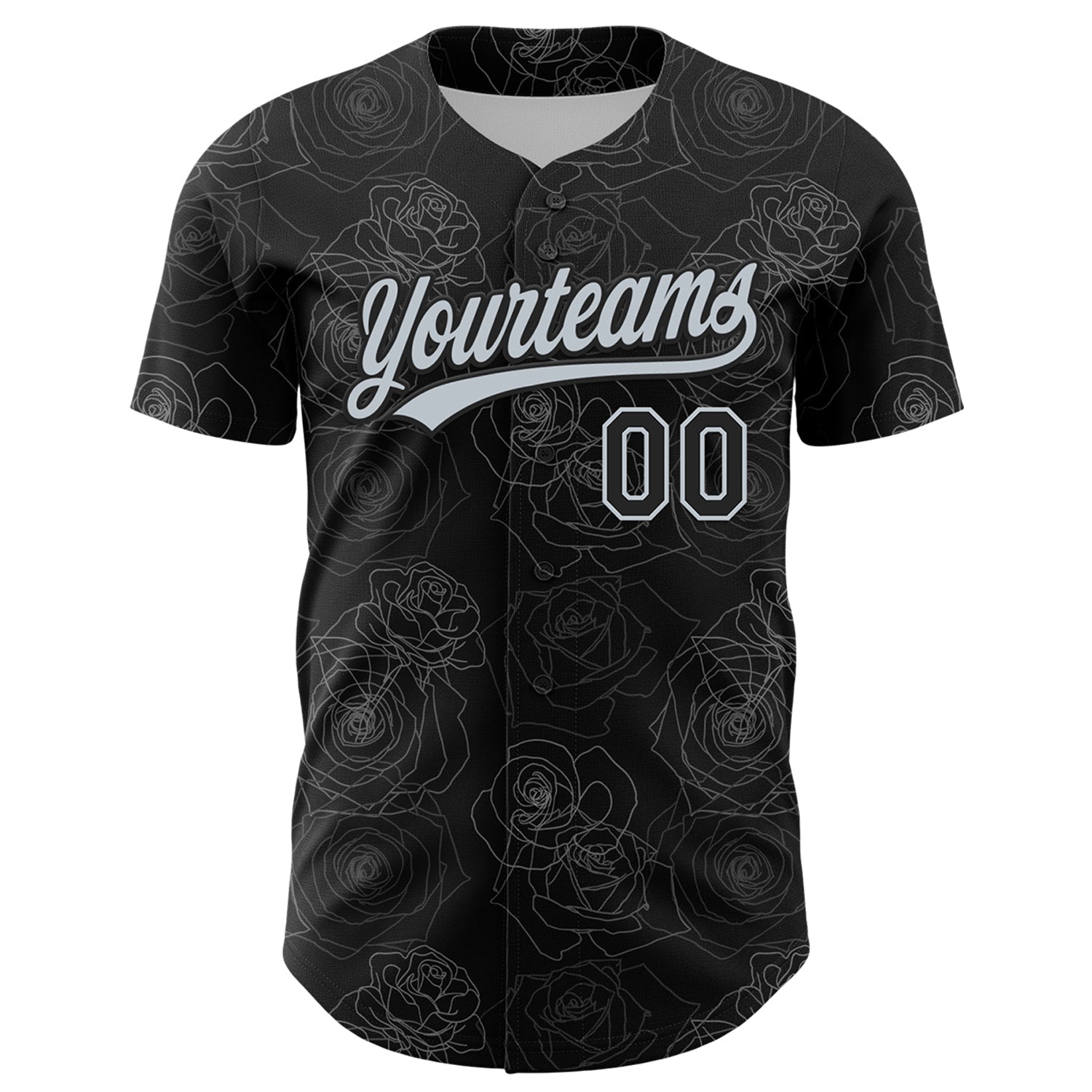 Custom Black Silver 3D Pattern Design Gothic Style Rose Authentic Baseball Jersey view 2