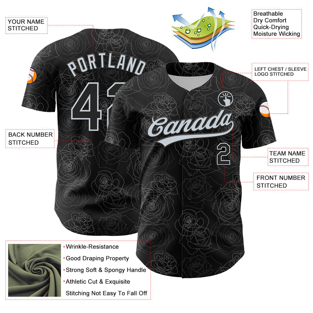 Custom Black Silver 3D Pattern Design Gothic Style Rose Authentic Baseball Jersey view 3