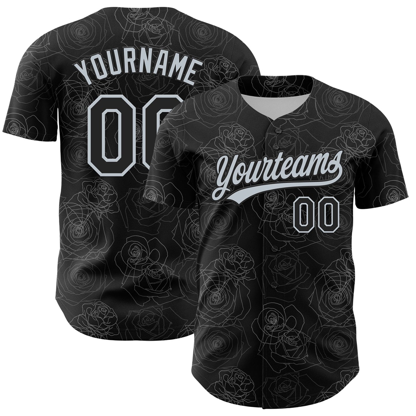 Custom Black Silver 3D Pattern Design Gothic Style Rose Authentic Baseball Jersey - Main View
