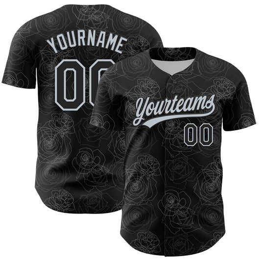 Custom Black Silver 3D Pattern Design Gothic Style Rose Authentic Baseball Jersey - Main View