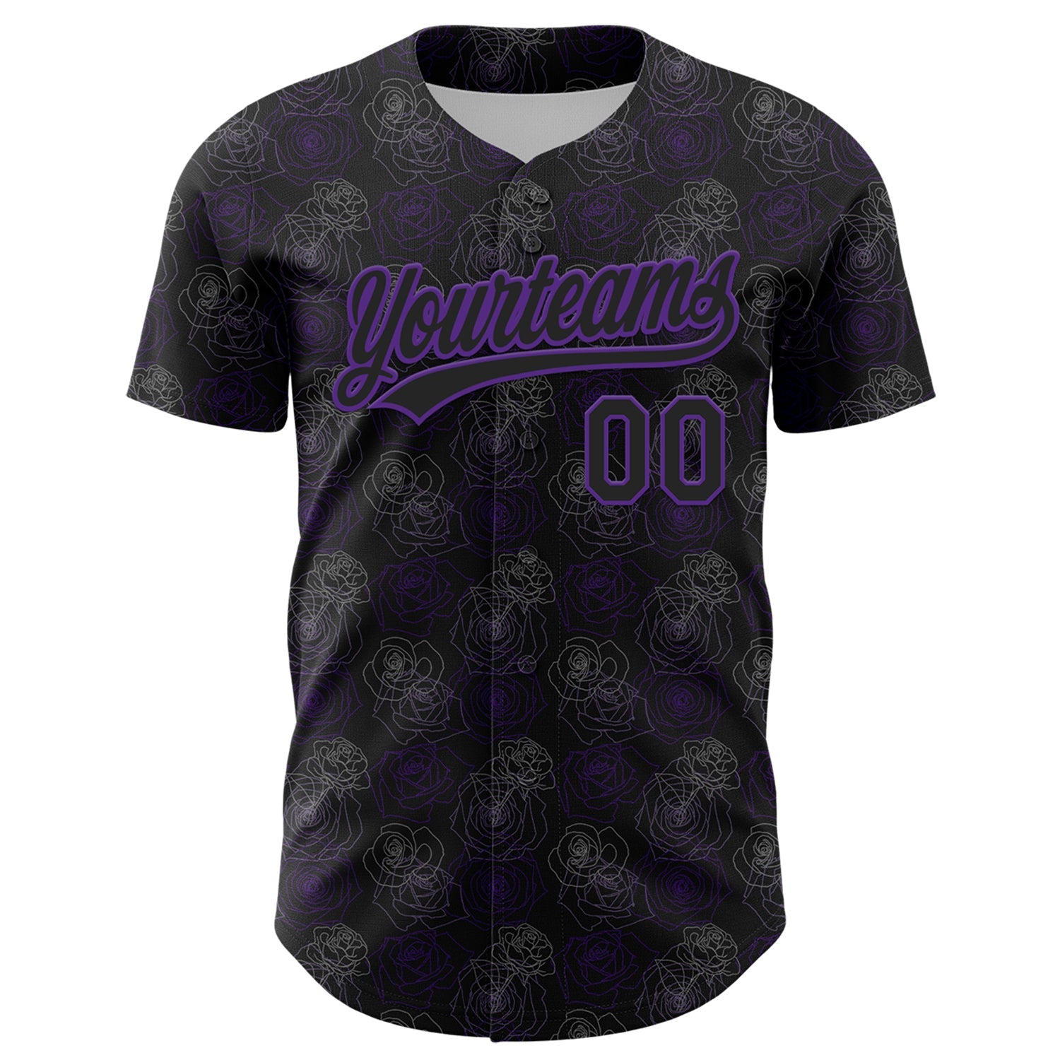 Custom Black Purple 3D Pattern Design Gothic Style Rose Authentic Baseball Jersey view 2