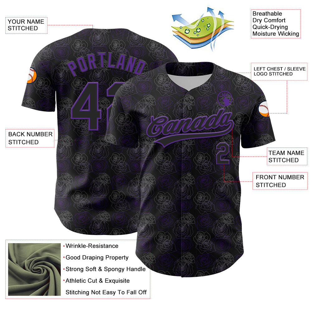 Custom Black Purple 3D Pattern Design Gothic Style Rose Authentic Baseball Jersey view 3