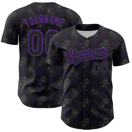 Custom Black Purple 3D Pattern Design Gothic Style Rose Authentic Baseball Jersey - Main View