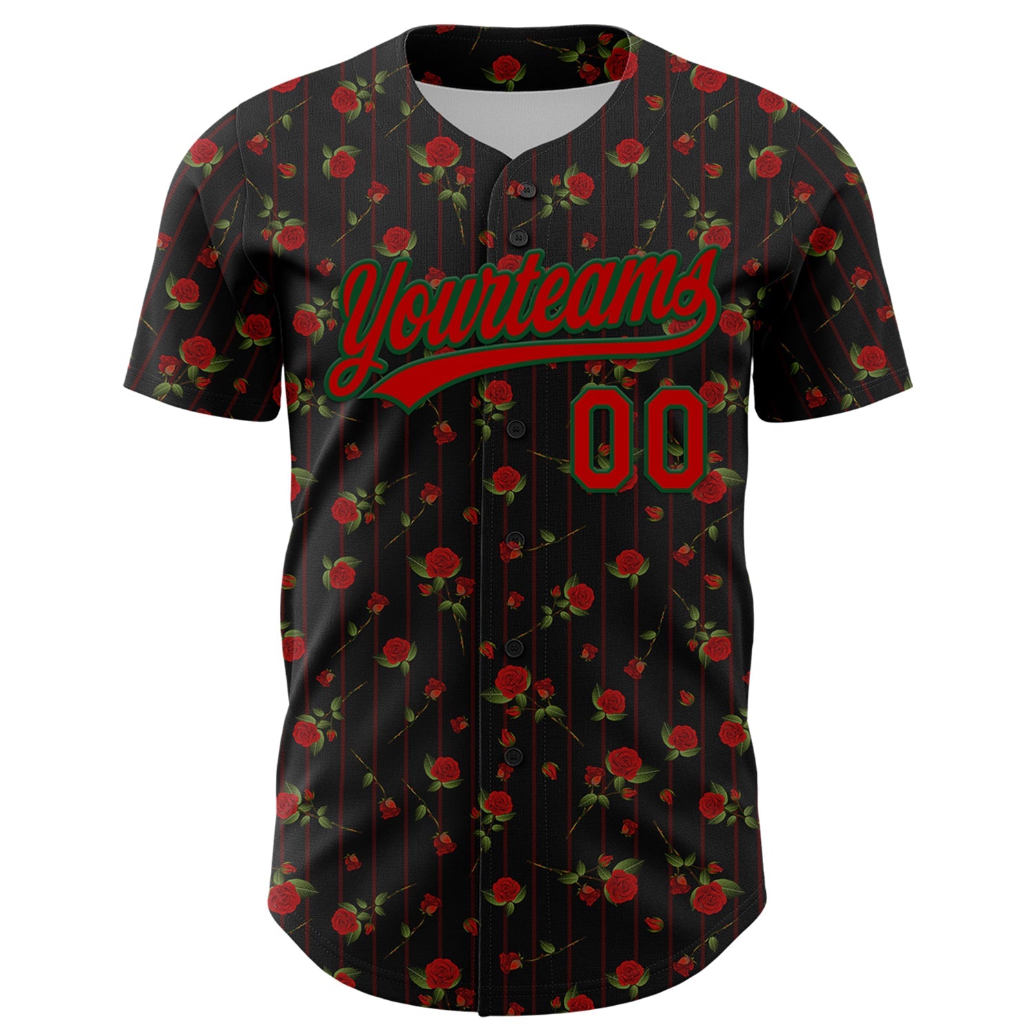 Custom Black Red-Green 3D Pattern Design Gothic Style Rose Authentic Baseball Jersey view 2