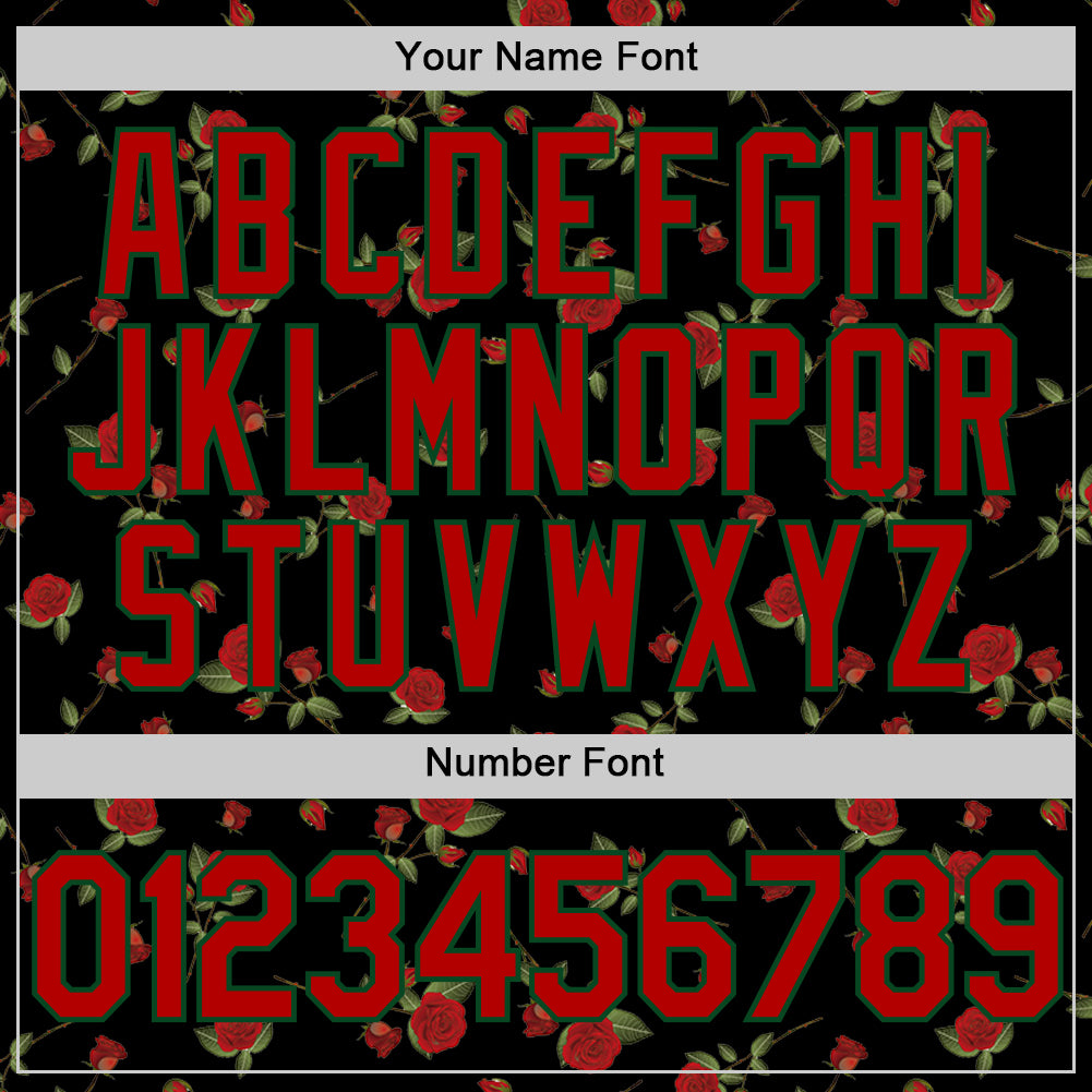 Custom Black Red-Green 3D Pattern Design Gothic Style Rose Authentic Baseball Jersey view 5