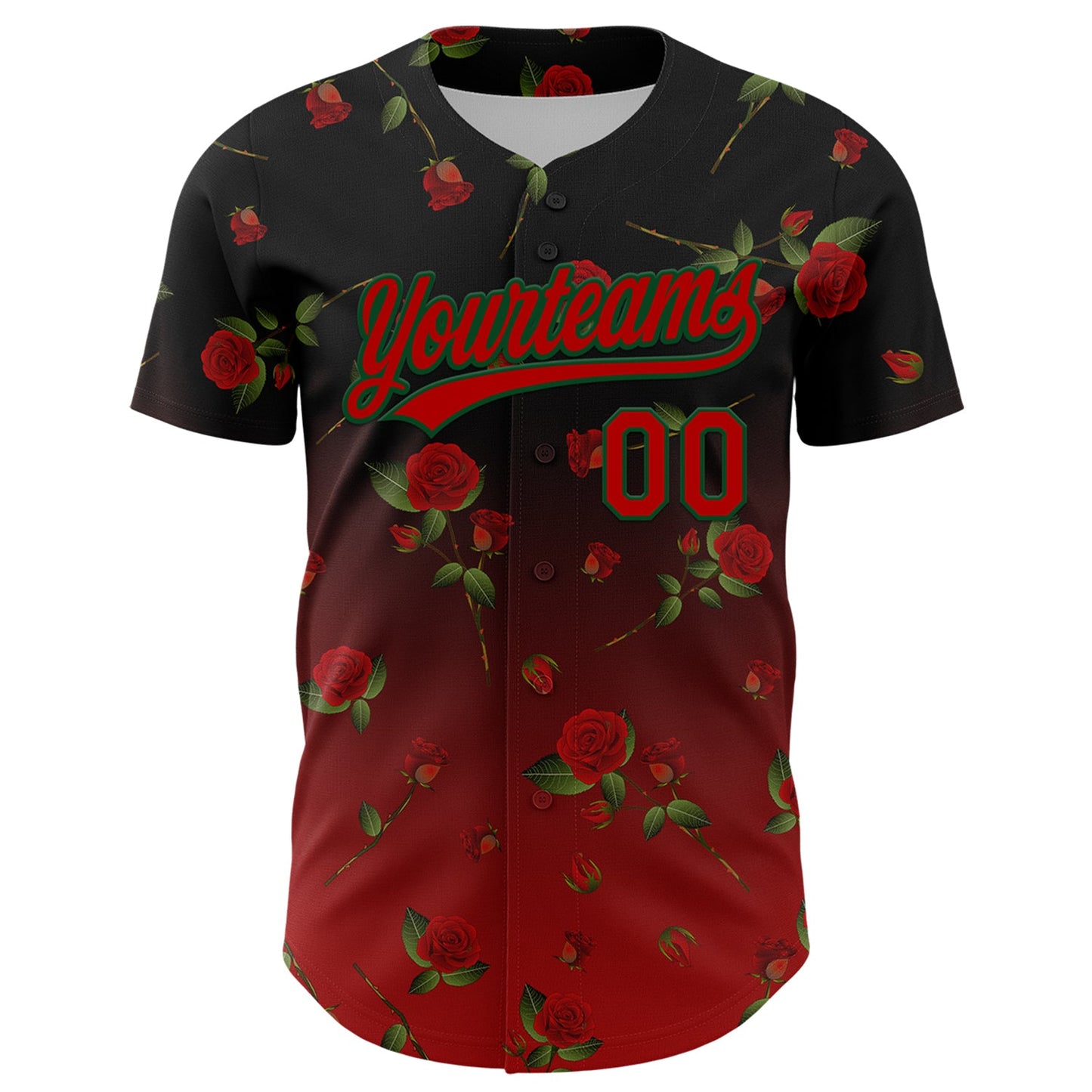 Custom Black Red-Green 3D Pattern Design Gothic Style Rose Authentic Baseball Jersey view 2