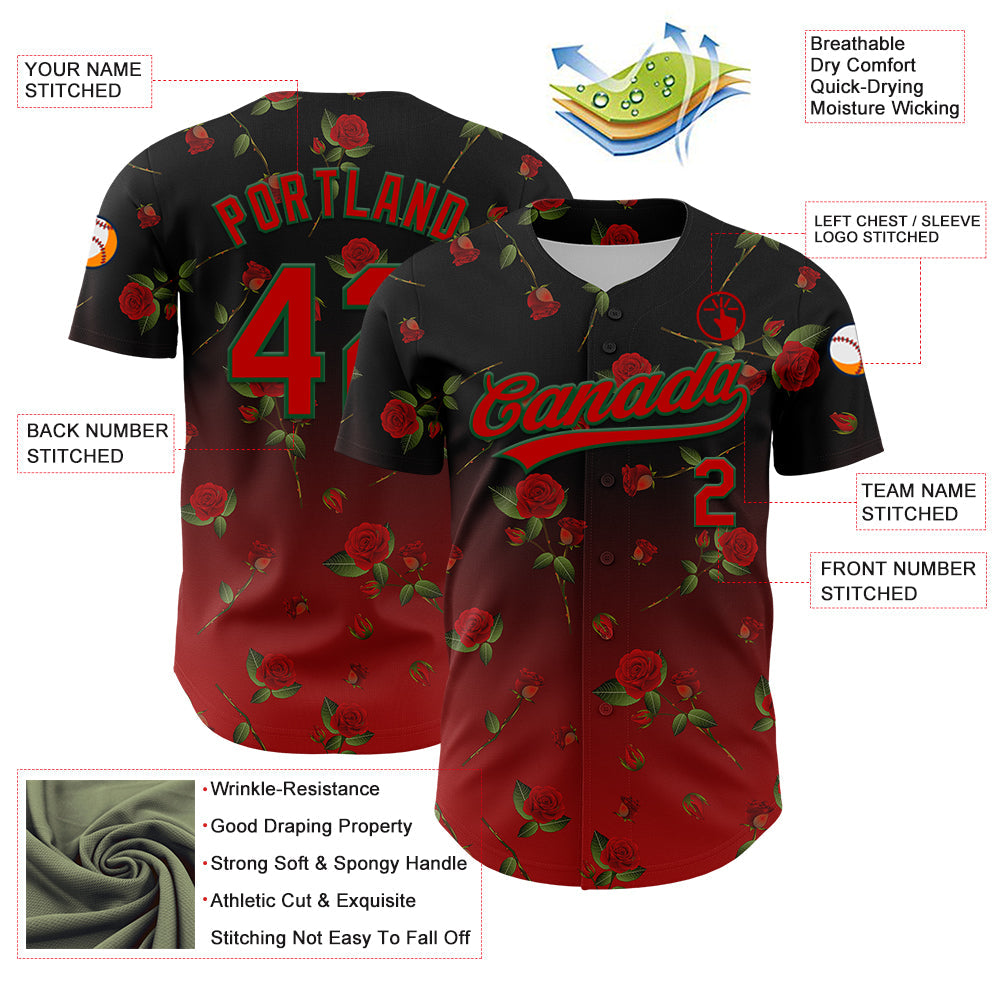 Custom Black Red-Green 3D Pattern Design Gothic Style Rose Authentic Baseball Jersey view 3