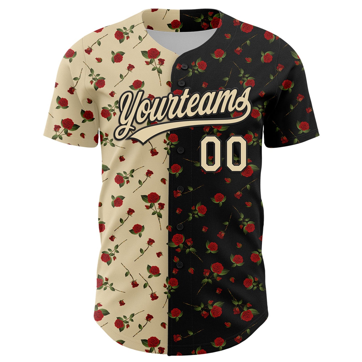 Custom Black Cream 3D Pattern Design Gothic Style Rose Authentic Baseball Jersey view 2