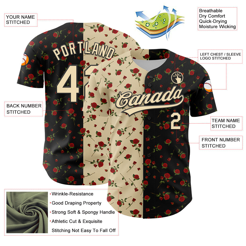 Custom Black Cream 3D Pattern Design Gothic Style Rose Authentic Baseball Jersey view 3