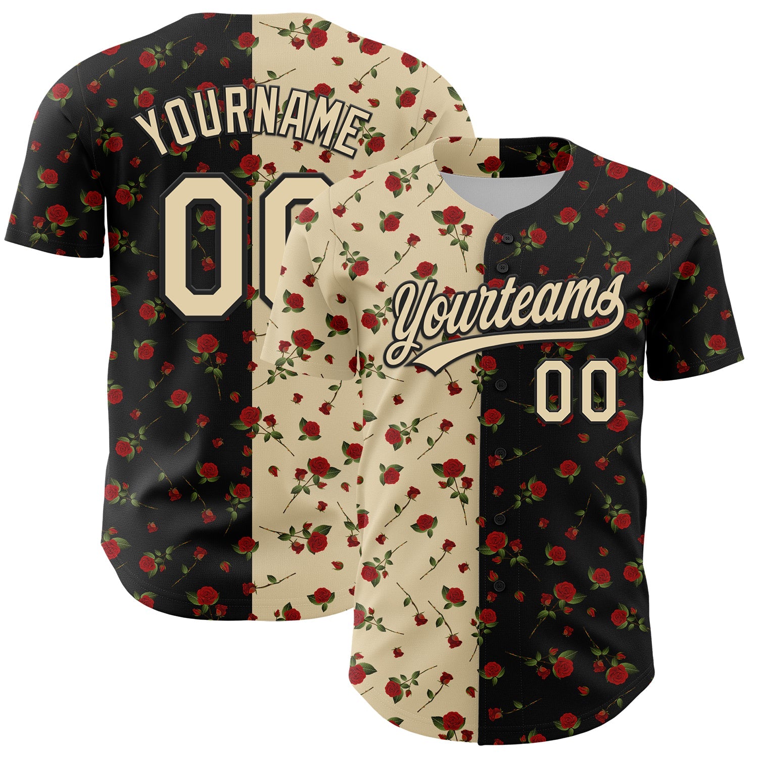 Custom Black Cream 3D Pattern Design Gothic Style Rose Authentic Baseball Jersey - Main View