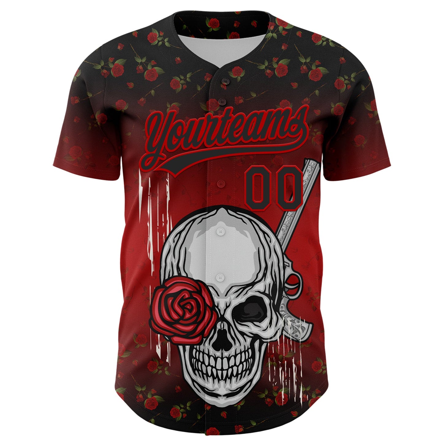 Custom Black Red 3D Pattern Design Gothic Style Skull With Rose And Gun Authentic Baseball Jersey view 2