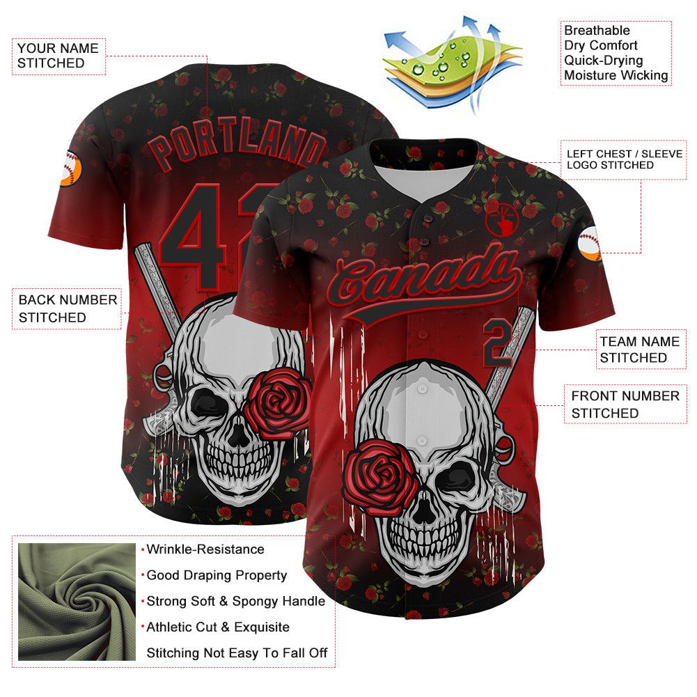 Custom Black Red 3D Pattern Design Gothic Style Skull With Rose And Gun Authentic Baseball Jersey view 3
