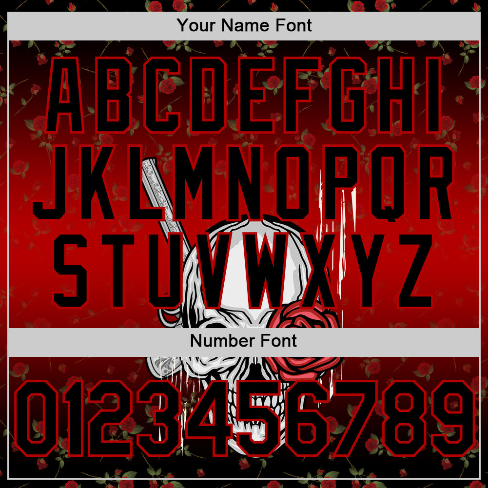 Custom Black Red 3D Pattern Design Gothic Style Skull With Rose And Gun Authentic Baseball Jersey view 5