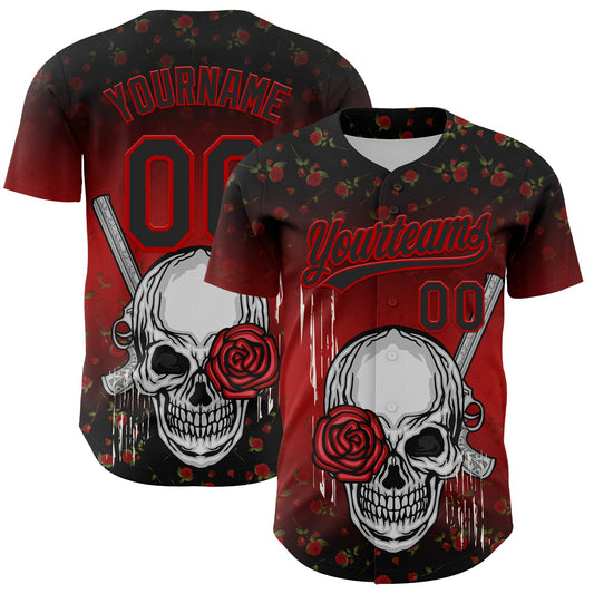 Custom Black Red 3D Pattern Design Gothic Style Skull With Rose And Gun Authentic Baseball Jersey - Main View