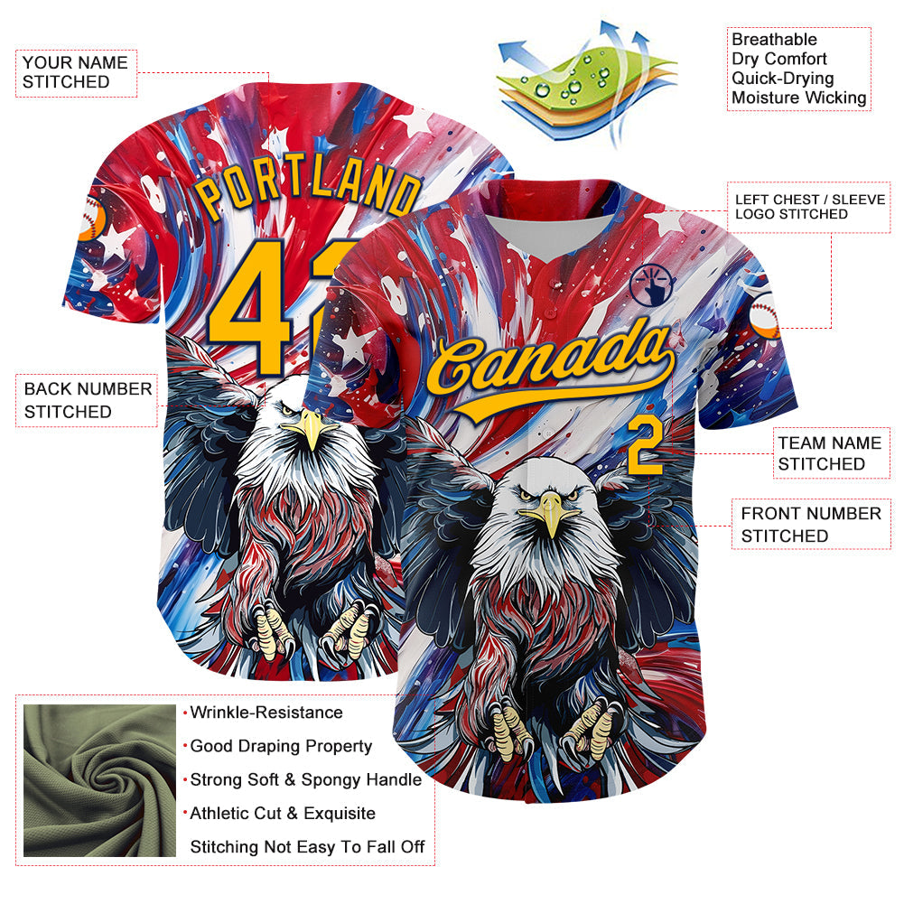 Custom Red Gold-Navy 3D American Flag Eagle And Star Authentic Baseball Jersey view 3