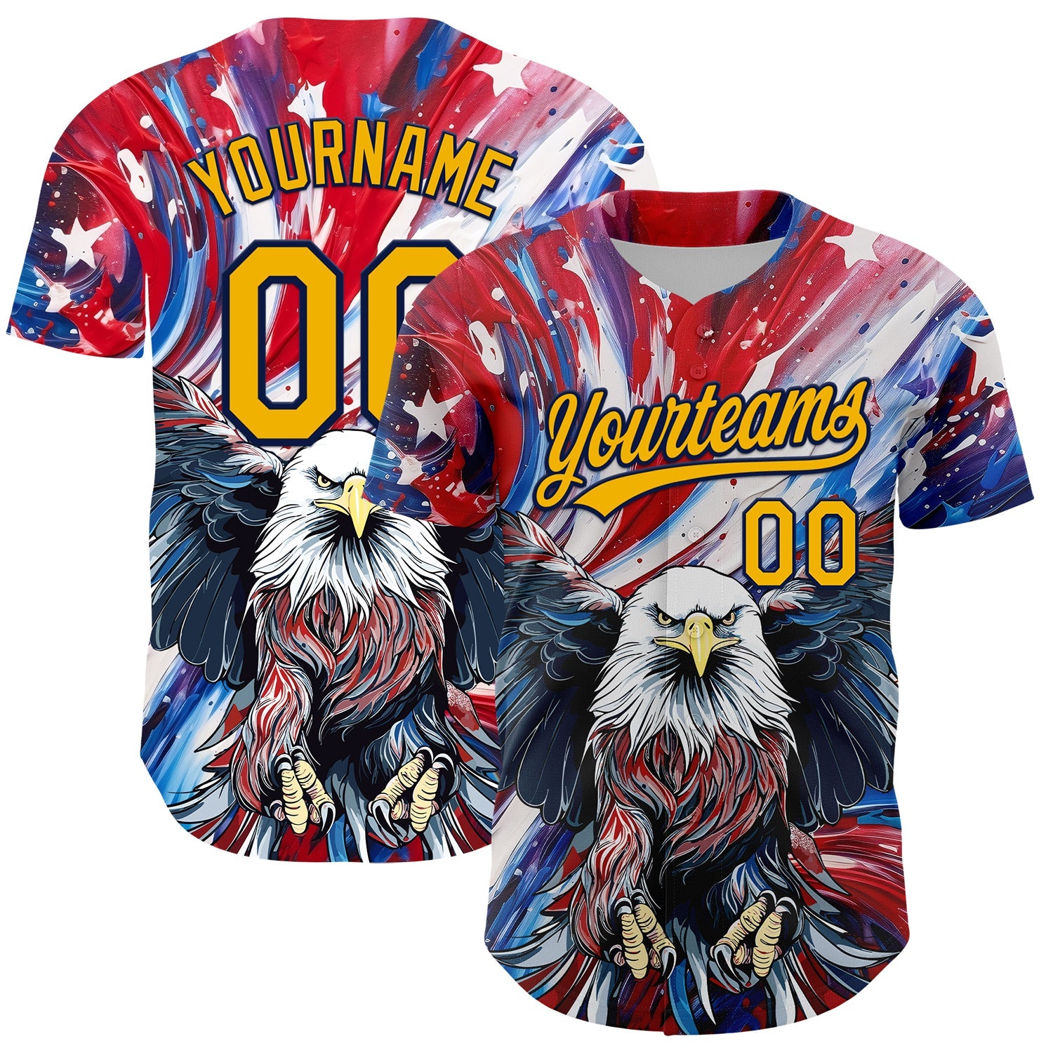 Custom Red Gold-Navy 3D American Flag Eagle And Star Authentic Baseball Jersey - Main View