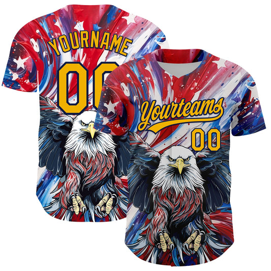 Custom Red Gold-Navy 3D American Flag Eagle And Star Authentic Baseball Jersey - Main View