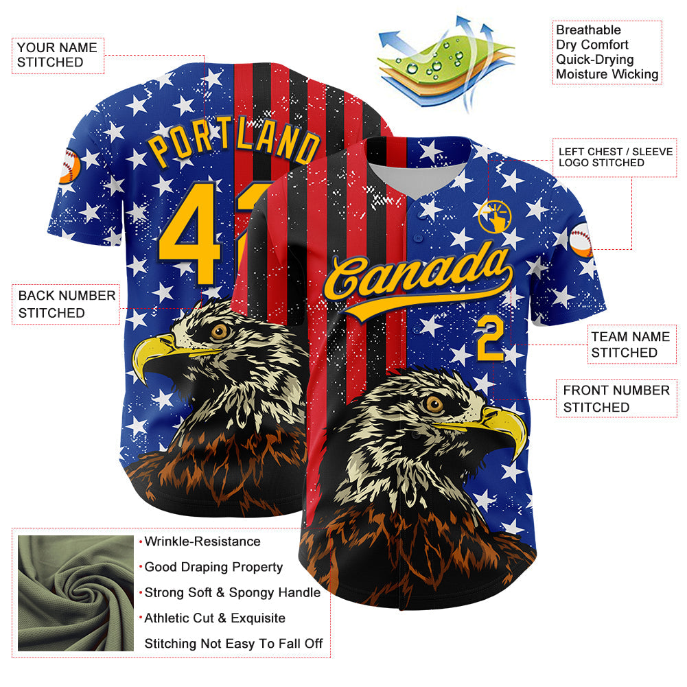 Custom Navy Gold-Red 3D American Flag Eagle And Star Authentic Baseball Jersey view 3