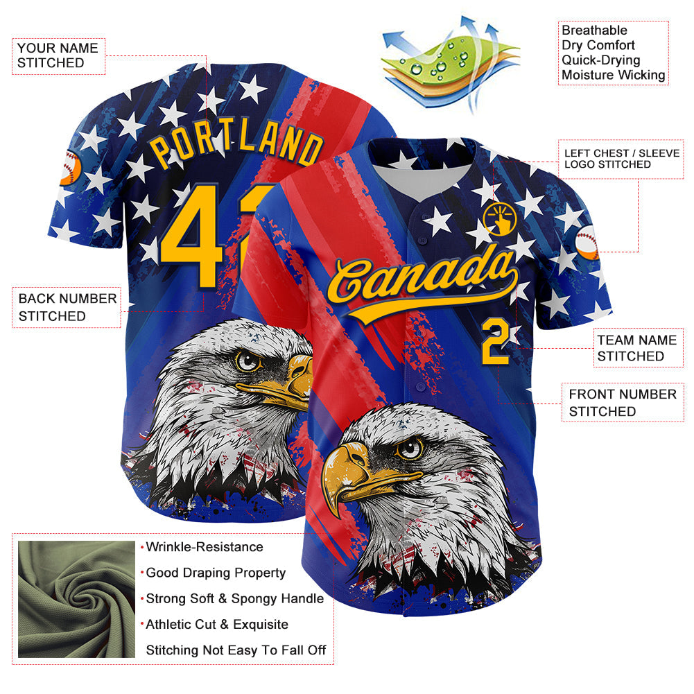 Custom Royal Gold Navy-Red 3D American Flag Eagle And Star Authentic Baseball Jersey view 3