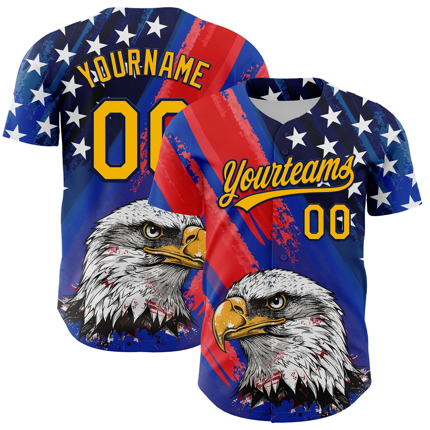 Custom Royal Gold Navy-Red 3D American Flag Eagle And Star Authentic Baseball Jersey - Main View