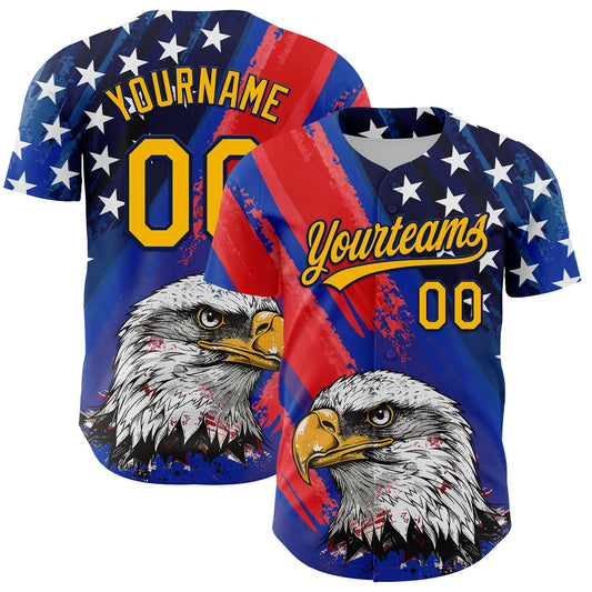 Custom Royal Gold Navy-Red 3D American Flag Eagle And Star Authentic Baseball Jersey - Main View
