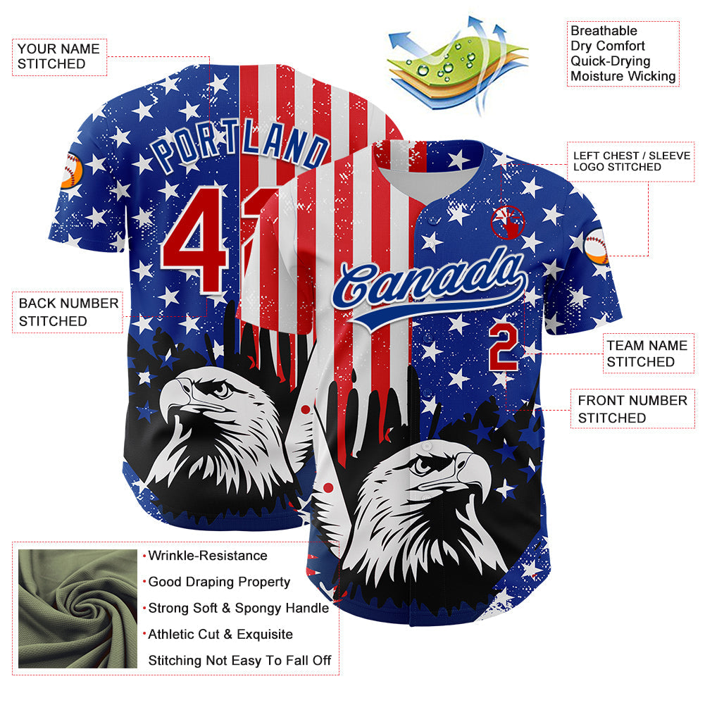 Custom White Red-Royal 3D American Flag Eagle And Star Authentic Baseball Jersey view 3