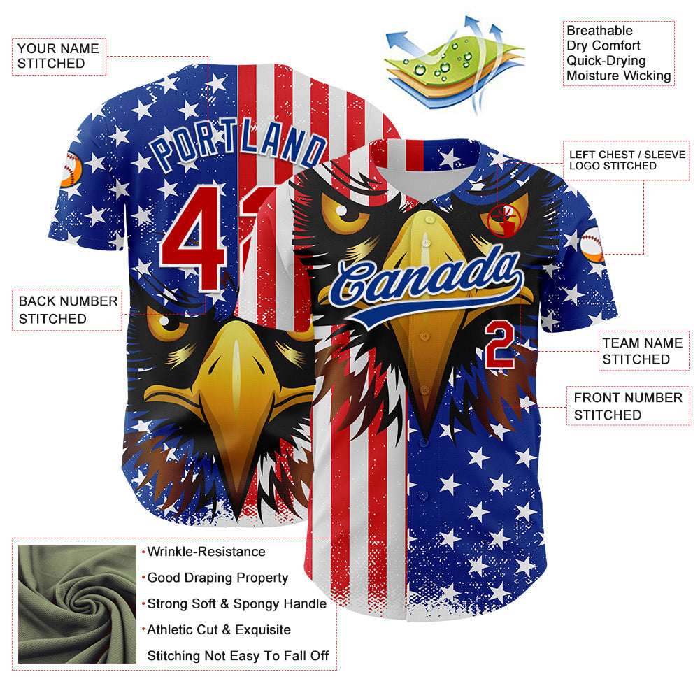 Custom White Red-Royal 3D American Flag Eagle And Star Authentic Baseball Jersey view 3
