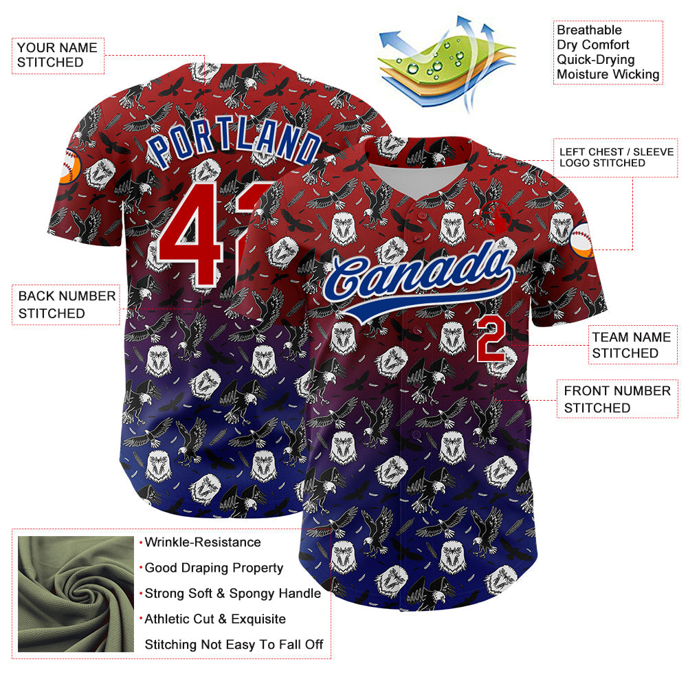 Custom Red Royal-White 3D Pattern Design American Eagle Authentic Baseball Jersey view 3
