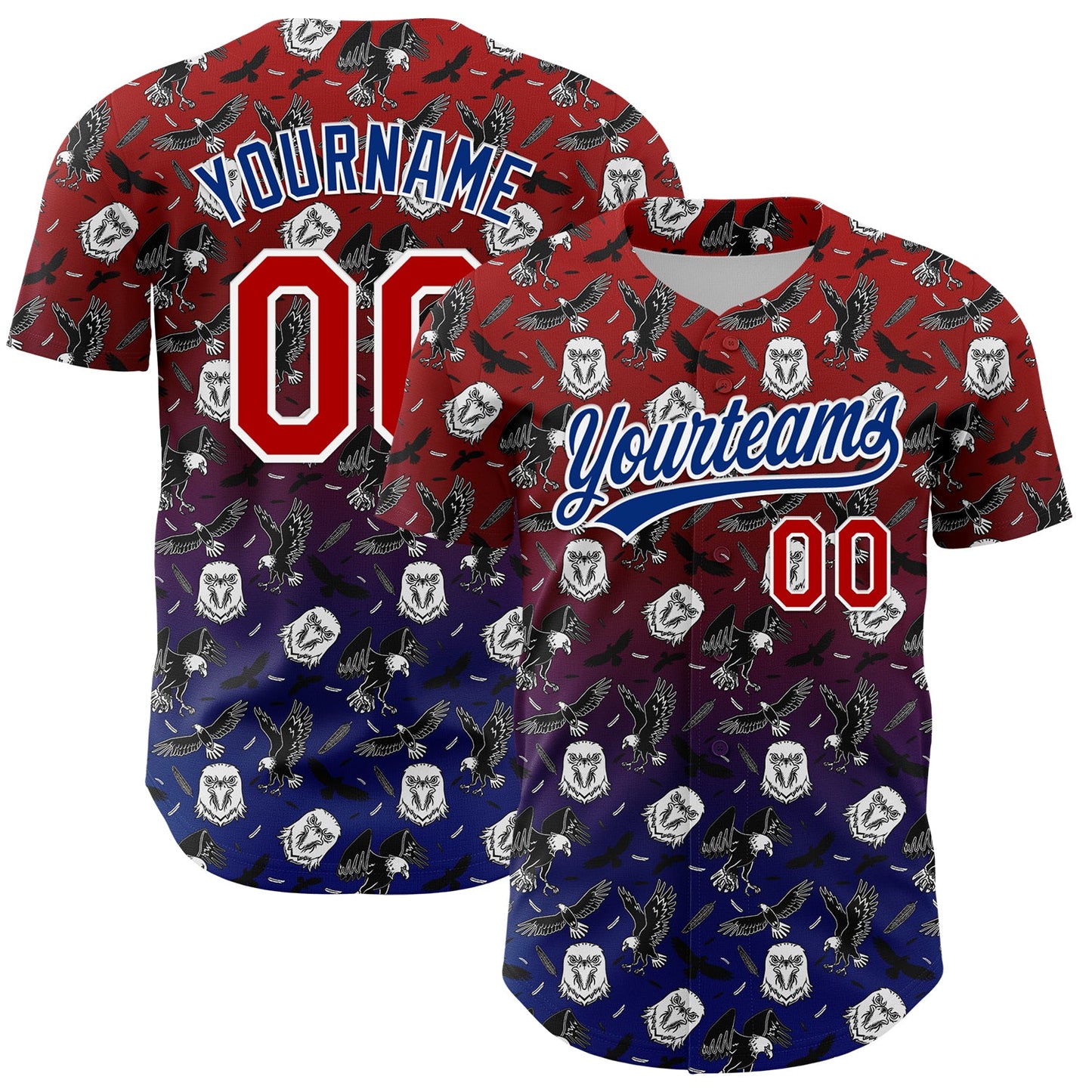 Custom Red Royal-White 3D Pattern Design American Eagle Authentic Baseball Jersey - Main View