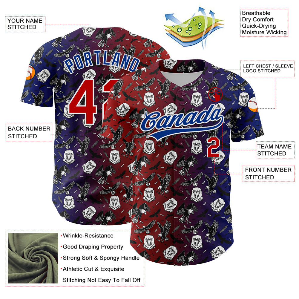 Custom Red Royal-White 3D Pattern Design American Eagle Authentic Baseball Jersey view 3
