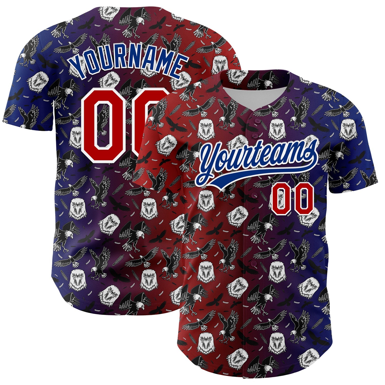 Custom Red Royal-White 3D Pattern Design American Eagle Authentic Baseball Jersey - Main View