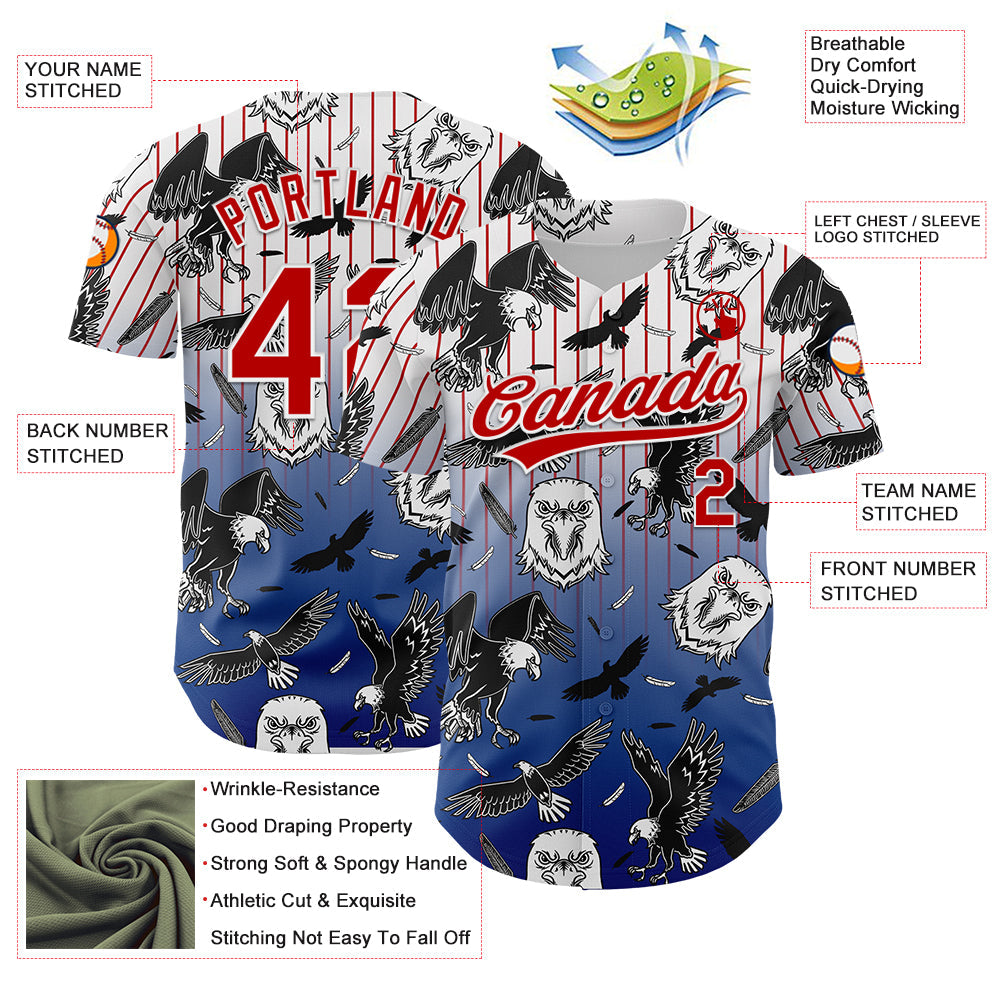 Custom White Red-Royal 3D Pattern Design American Eagle Authentic Baseball Jersey view 3