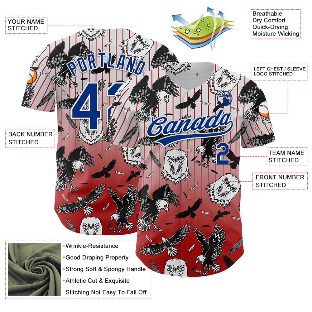 Custom Red Royal-White 3D Pattern Design American Eagle Authentic Baseball Jersey view 3